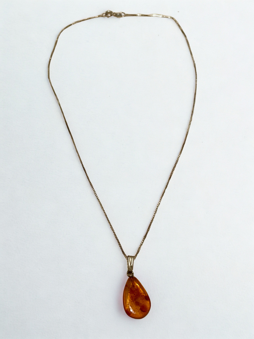NEW Polished Translucent Cognac Baltic Amber Necklace Pendant w/ Silver Chain